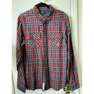 KAVU Klear Above Visibility Unlimited Mens Plaid Button Down Shirt Red Grey M
